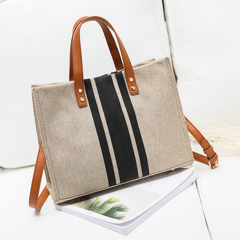 designer Korean Style Women's Handbag Professional Commuter Striped Bag Simple Shoulder Large Capacity Canvas Bag