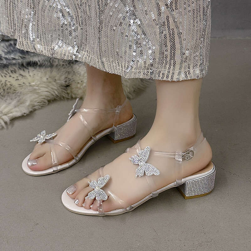 High Heels 2025 Summer New Fairy Style Rhinestone Bow Round Open Toe Chunky Heel Versatile Sandals for Women