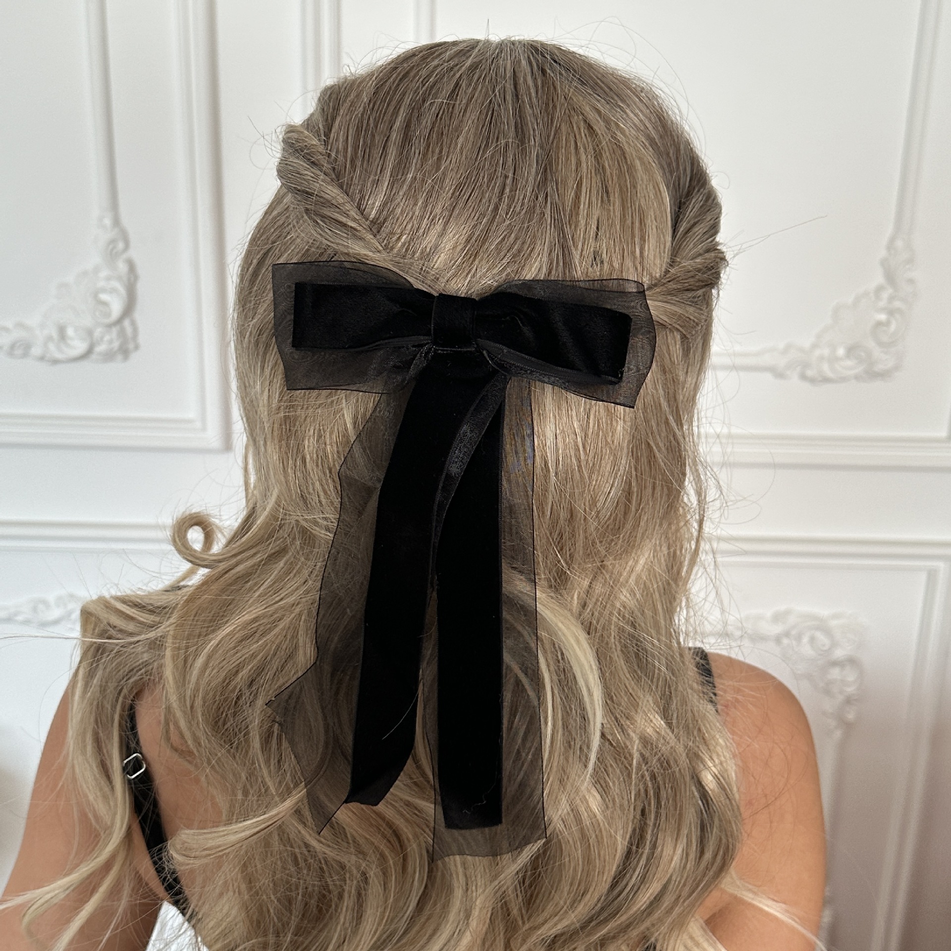 French Style Sweet Rose Bow knot Long Black Ribbon Hair Clip Minimalist Elegant Hairpin for Women