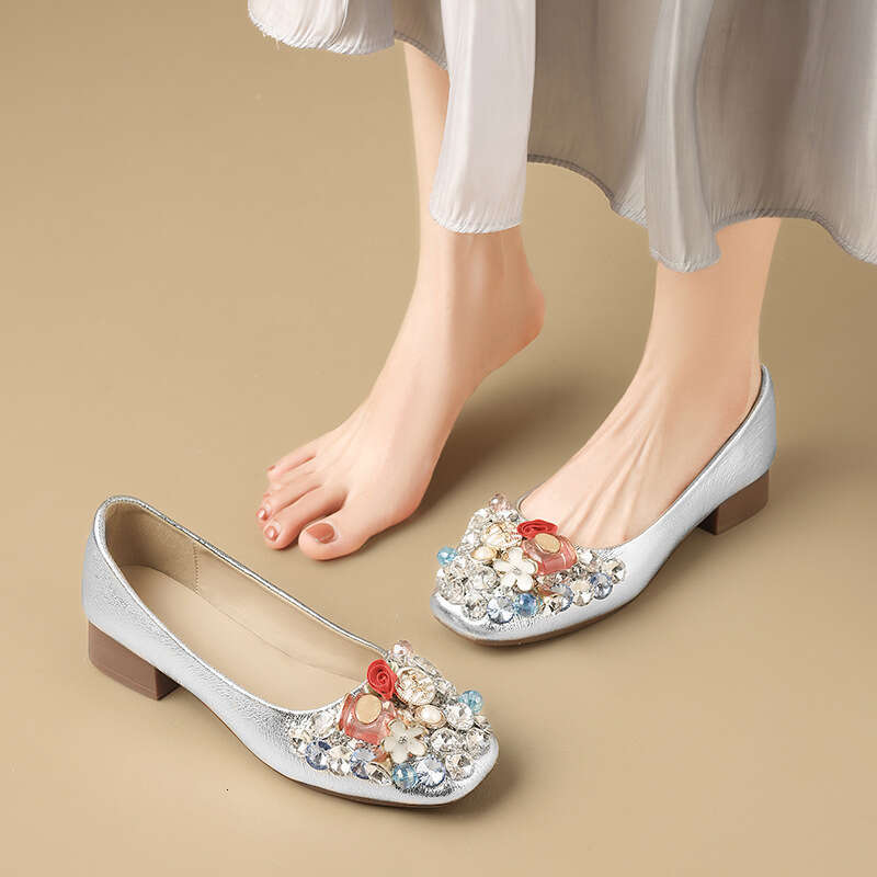 Evening Rhinestone French Style Chunky Mid Heel Single Women 2024 Trend New Spring Autumn Large Size Women's Shoes 41-43