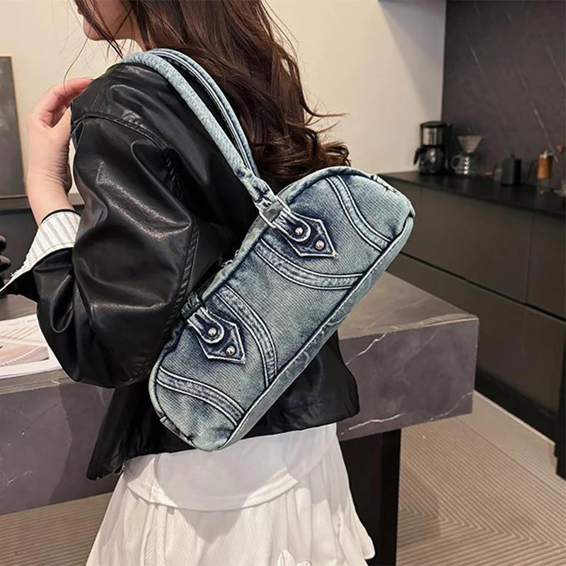 Denim Shoulder Bag Summer Fashion Korean Version Advanced Motorcycle Commuting Versatile Underarm Cylinder Bowling Bag 250530