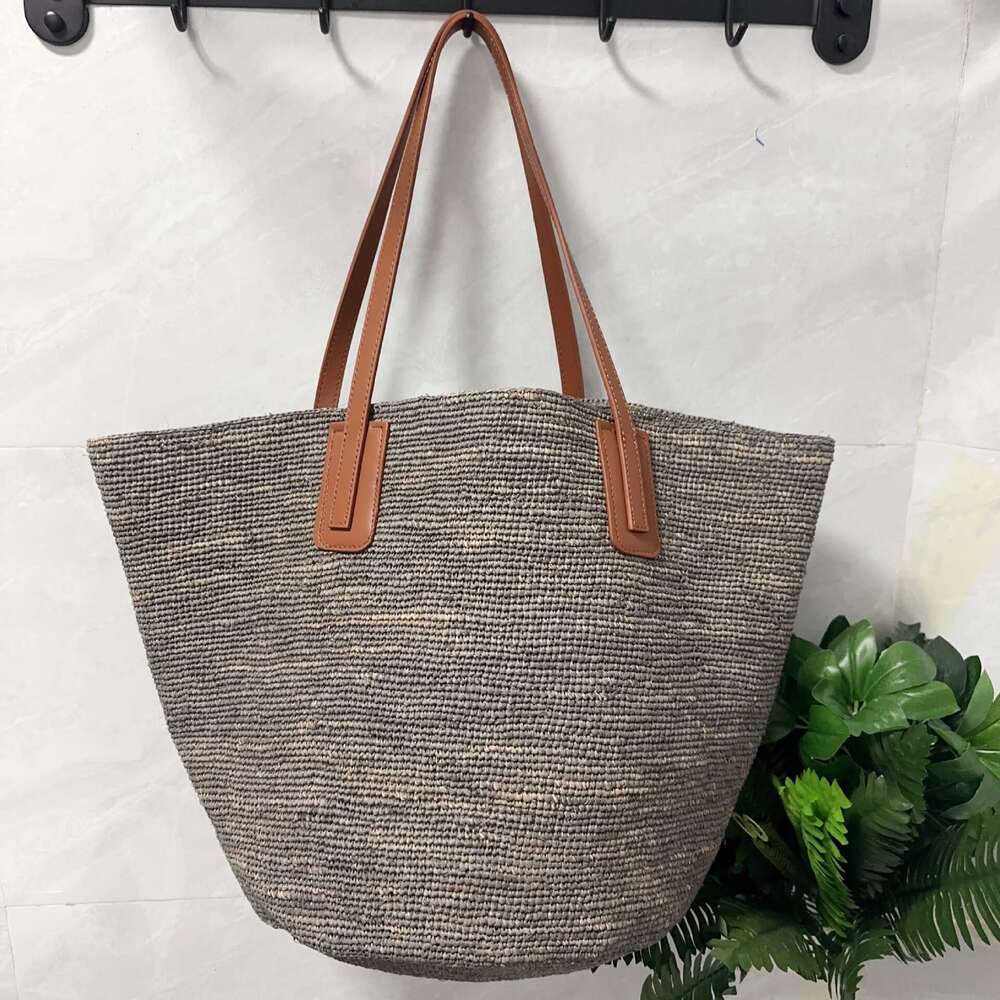 Straw Beach Tote French Style Simple Genuine Leather Shoulder Strap Raffia Woven For Women Beach Vacation Large Capacity Tote Bag Crossbody Bag