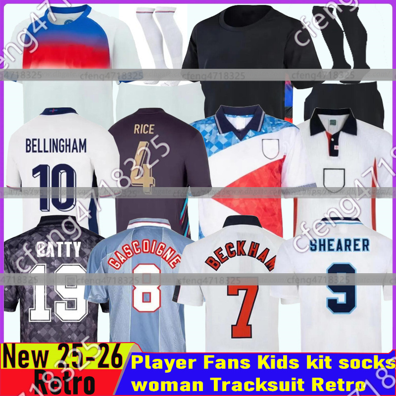 2025/26/27 England football shirt Retro GASCOIGNE Soccer Jersey BELLINGHAM RASHFORD KANE SAKA RICE FODEN 2026/27 National Team Home White Away Tracksuit Men Kids Kit