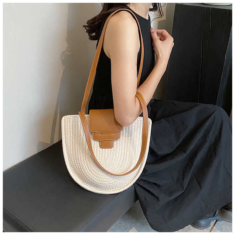 New Fashion Cotton Rope Large Capacity Beach Straw Woven Holiday Woven Crossbody Bag Simple Cover Shoulder Bag