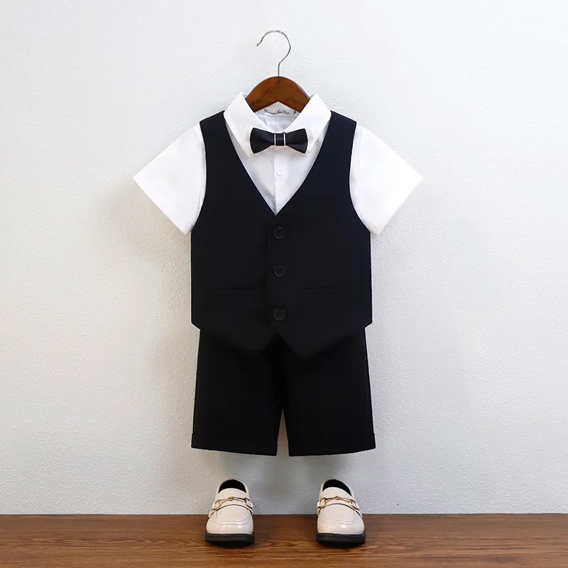Children Summer Cool Green Pography Suit Kids Vest Shirt Shorts Bowtie Ceremony Costume Boys Breathable Slim Wedding Dress 250527a