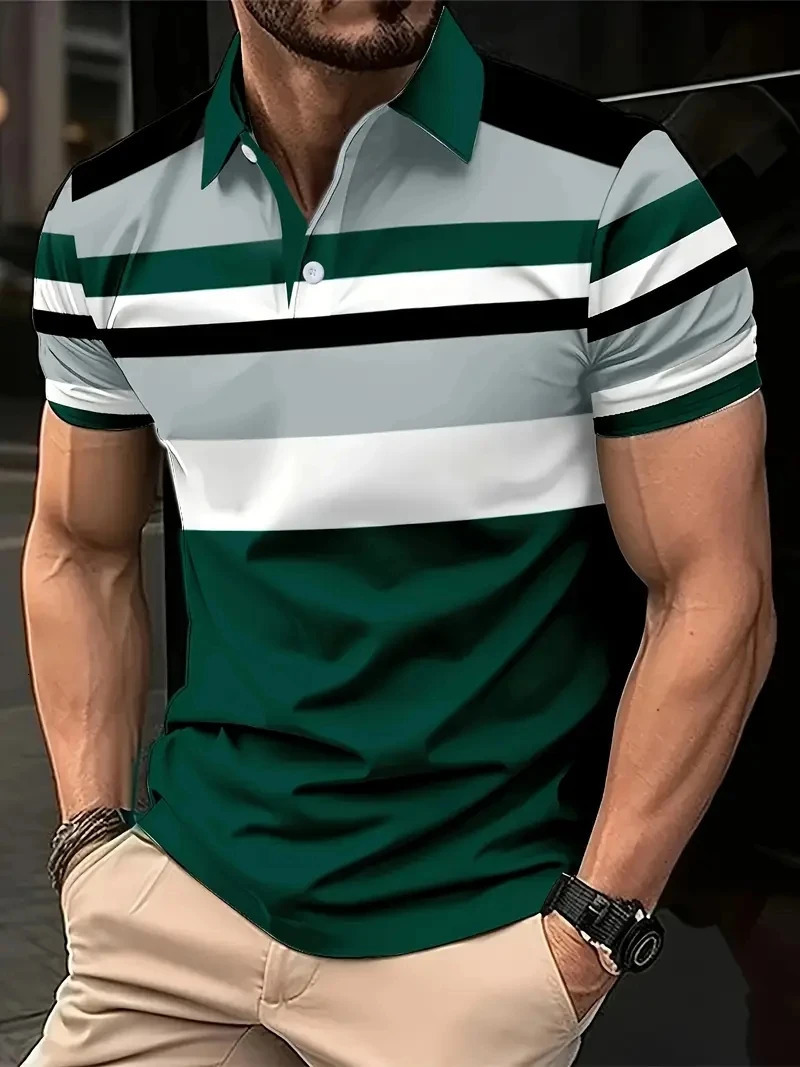 Mens Casual Stripesd 3D Printed Golf Shirt Short-Sleeved Button Collar Knitwear Regular Version Polyester Fiber Polo Shirt S 250530