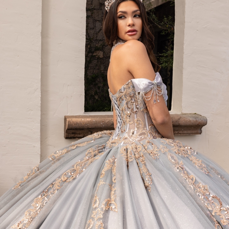 Gray Quinceanera Dresses Ball Gown Off The Shoulder Applique Lace Beading Crystal Tull Party Birthday Sweet 16 Dress Vestidos 15 Anos