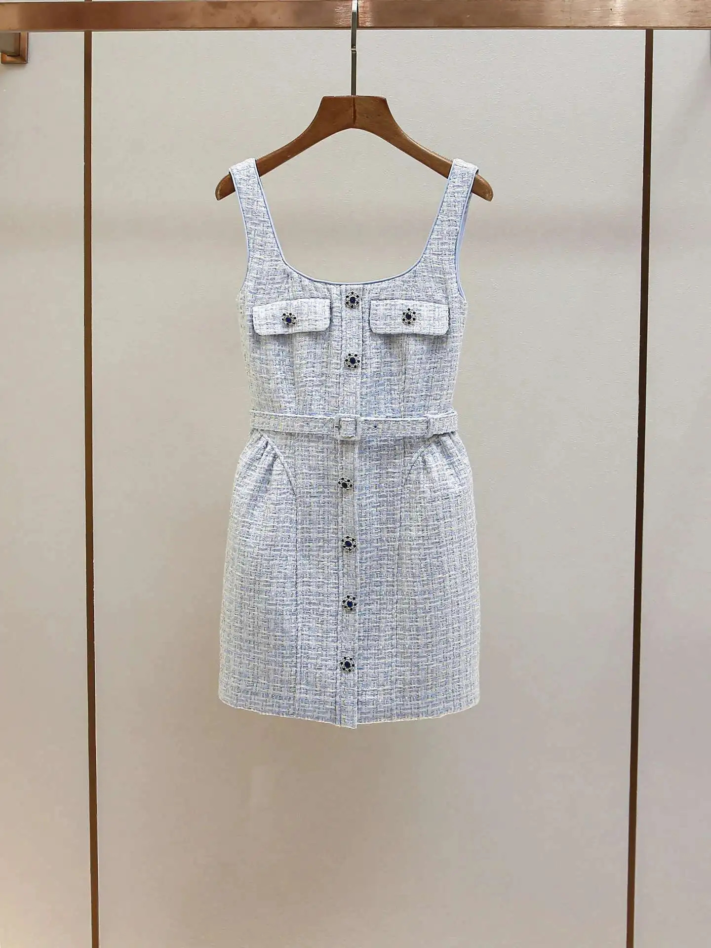 Summer Autumn Crystal Tweed Short Dress Shirt Women Sleeveless Beaded Diamonds Single Breasted Evening Party Dresses Lady 250529