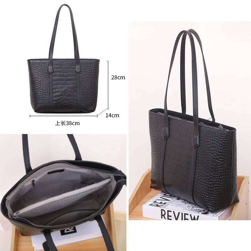 Vintage Large Capacity Women Tote Bag,Crocodile Pattern Solid Cowhide Armpit Shoulder Bag,Women's Casual Handbag for Commute