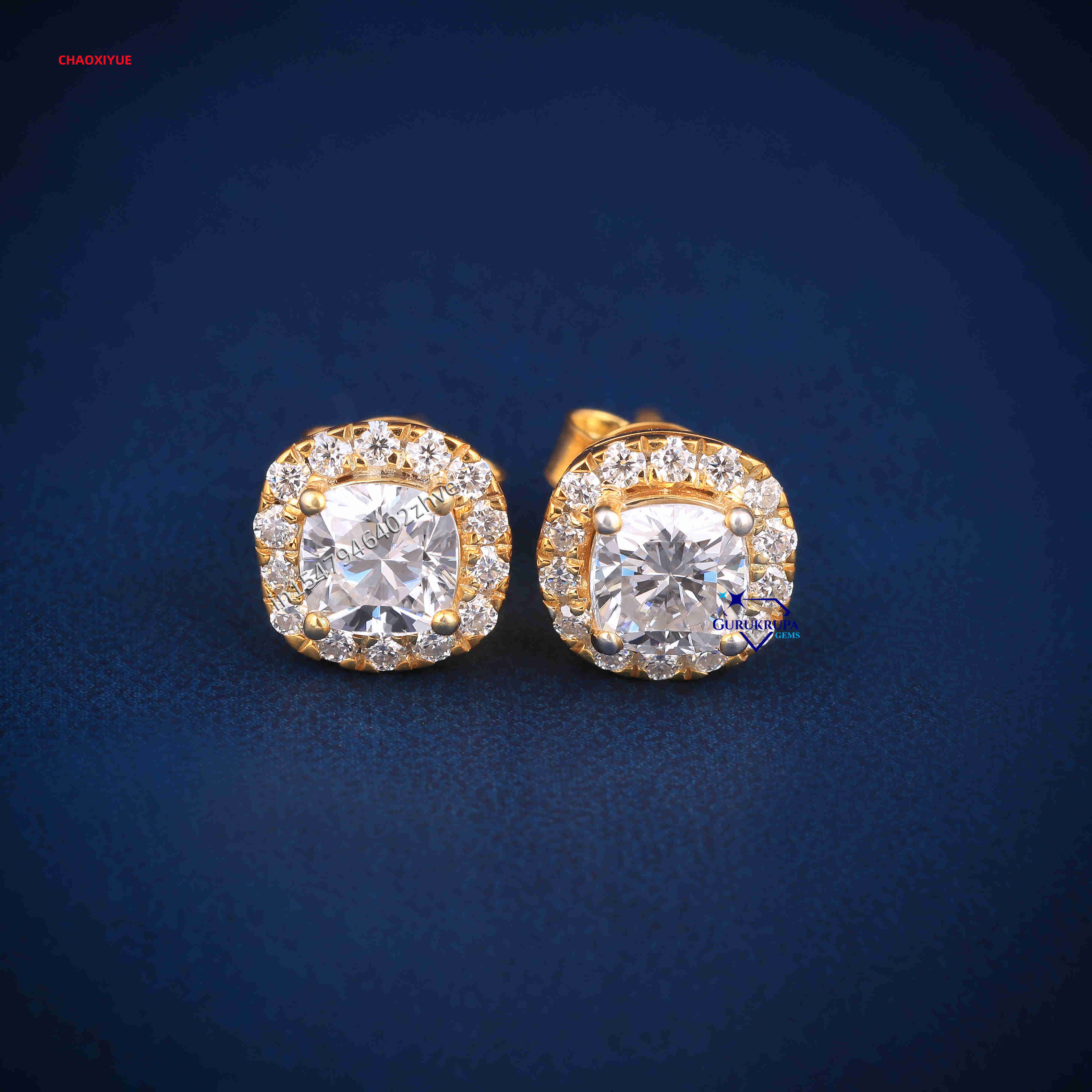 Pass Diamond Tester 14k Solid Yellow Gold Screw Back Iced Out 1ct Hip Hop Halo Square Moissanite Diamond Stud Earrings
