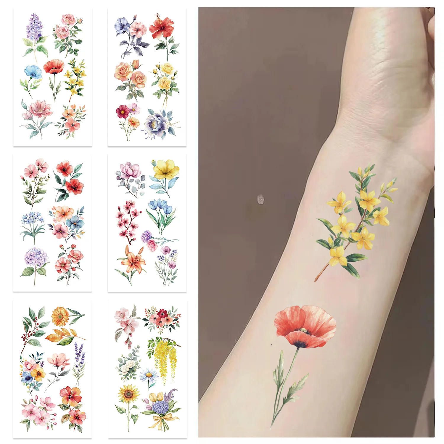 10 SheetsSet Watercolor Lavender Flower Temporary Tattoos For Body Art Arm Fake Flora Adults Tattoo Sticker Waterproof Tatoos 250530