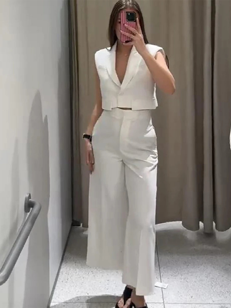 Fashion White Suit Long Pants Sets For Women Elegant Sleeveless Cropped Blazer Tops Wide Leg 2 Pieces Trousers Lady Chic Outfits 250527