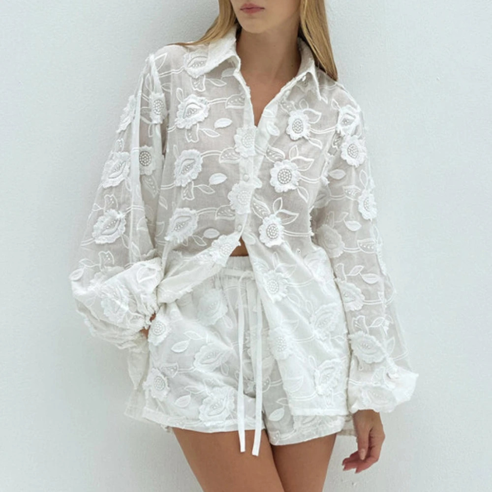 Boho Beach Sheer Blouses Shirts High Waisted Shorts For Womens Two Peice Sets White Cotton Floral Embroidered Outfit Summer Suit 250527