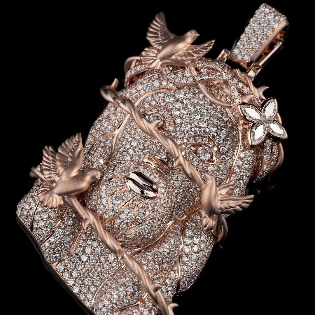 3 Tall Fully Iced Out VVS Moissanite Diamond Rose Gold Plated Jesus Pendant With Thorn Birds