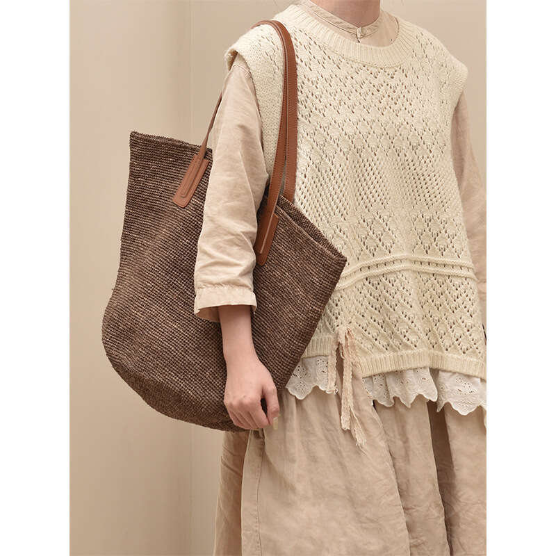 Straw Beach Tote Spring Summer Holiday Straw Woven First Layer Cowhide Strap Beach Large Capacity Tote Single Shoulder Casual Women S Bag Crossbody Ba