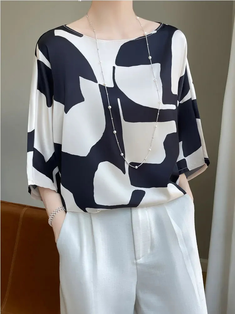 Summer Artificial Silk Satin Blouse Tee Women Slash Neck Thin Smooth T-shirt Silky Drop Shoulder Half Sleeve Loose Shirt Tops 250530