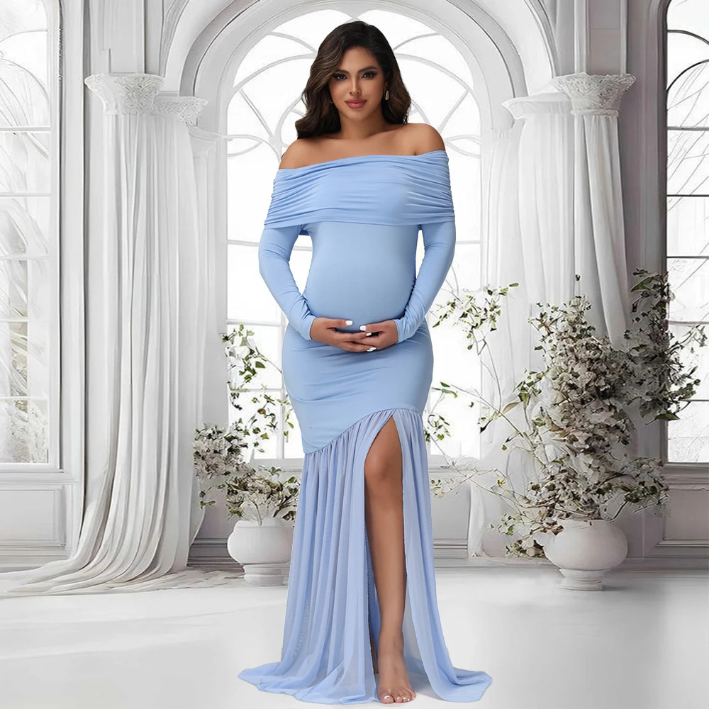 Maternity Dresses Poshoot Off-Shoulder Slits Fishtail Hem Baby Shower Clothes For Pregnant Woman Evening Party Elegant Gown 250530