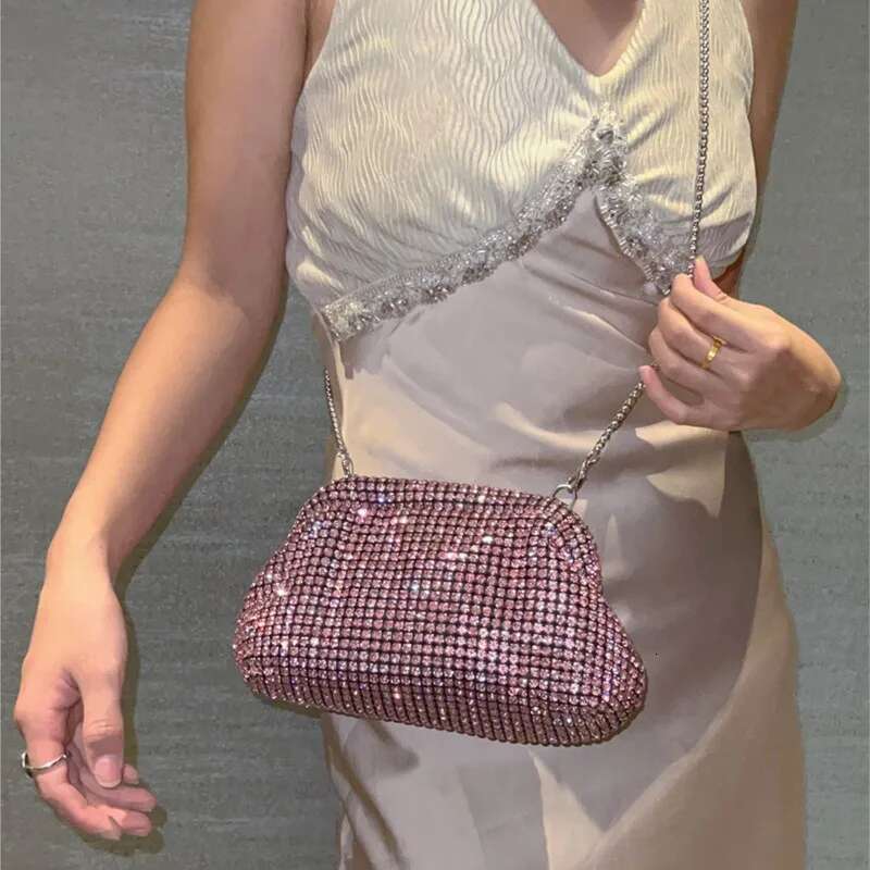 Women Cloud Dia Dumpling Handbag Shiny Bucket Clutch Purse Evening Banquet Crystal Rhinestone Shoulder Bag