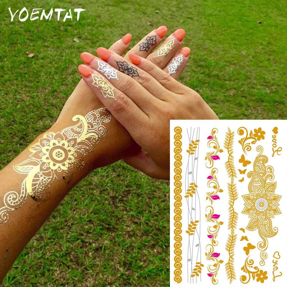 Waterproof Temporary Tattoo Sticker Hand Henna Flower Mandala Gold Silver Metallic Boho Lotus Totem Flash Tatoo Body Art Women 250530