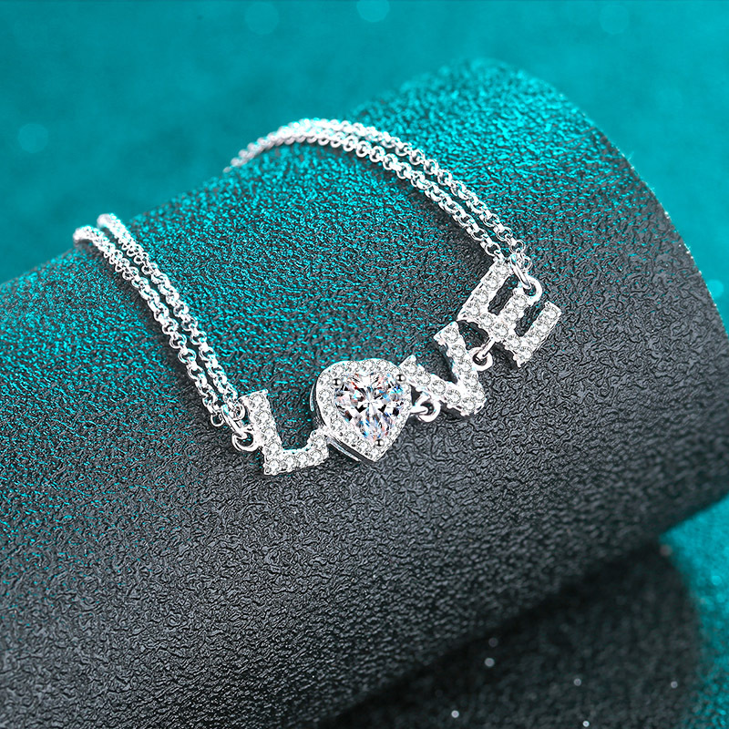 925 Sterling Silver LOVE Bracelet with Heart-Shaped Moissanite, Platinum Plated, Adjustable Chain, Perfect Gift for Valentine's Day