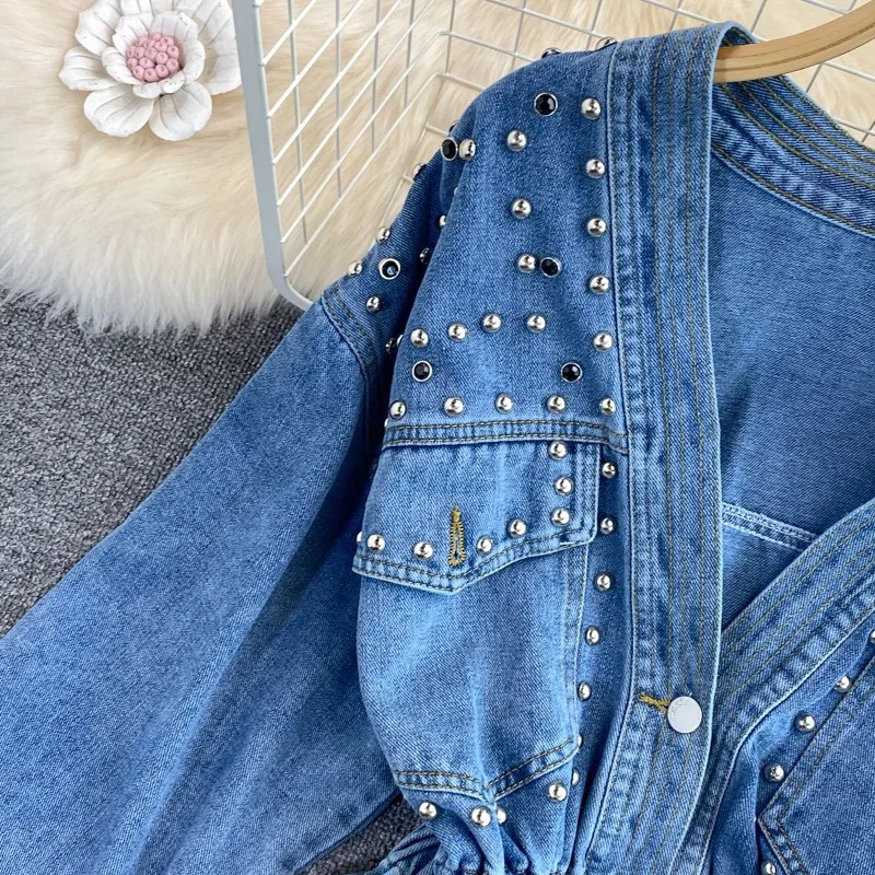 Denim Coat Women Y2k Tops Coats Jeans V Neck Short Top Casual High Waist Single Breasted Elegant Blouse Splice Autumn Spring 250527