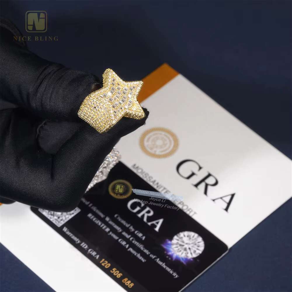 New Arrival Moissanite Hip Hop Men Ring Sterling Silver 925 Gold Plated Iced Out Baguette Moissanite Star Ring for Men