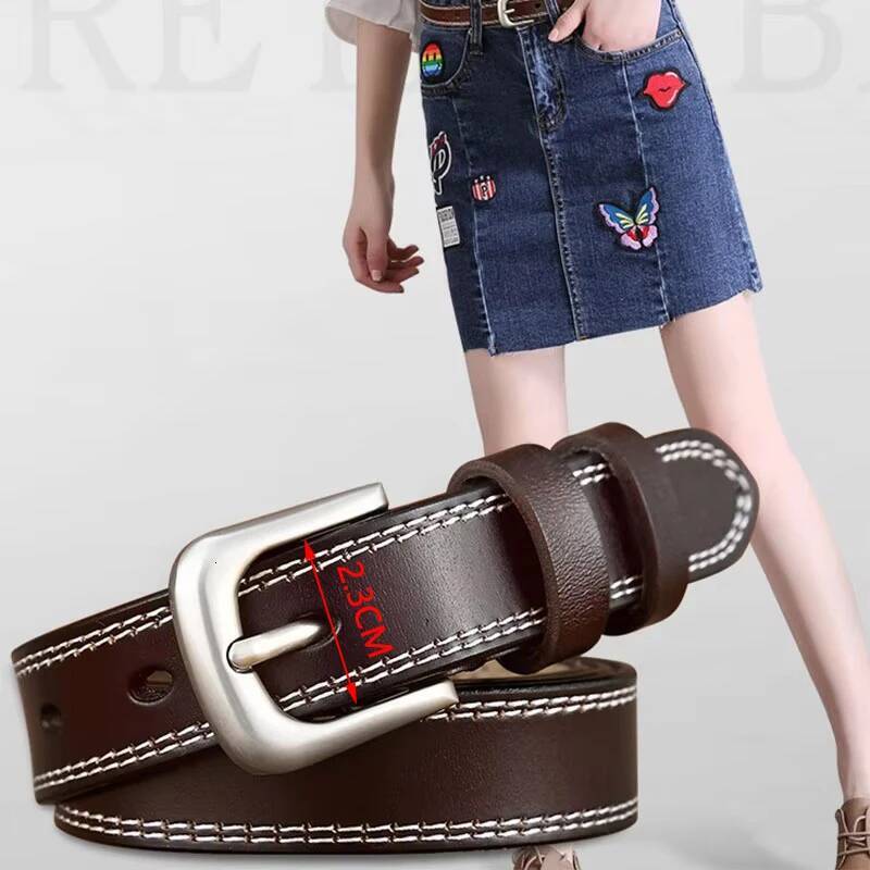 Women Genuine Leather Fashion High Quality Vintage Brand Waistband Pin Buckle Brown Solid Color Belt Ladies DT025