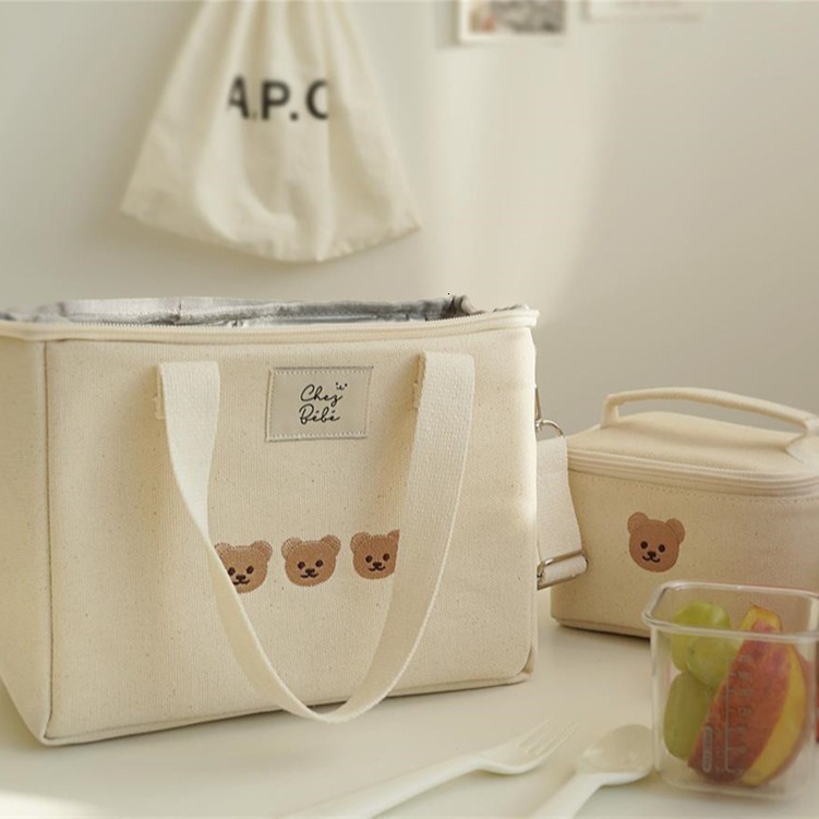 designer Korean Style INS Embroidered Bear Insulated Lunch Box Mommy Bag Multifunctional Fashionable Baby Bag Outdoor Crossbody Mommy Bag