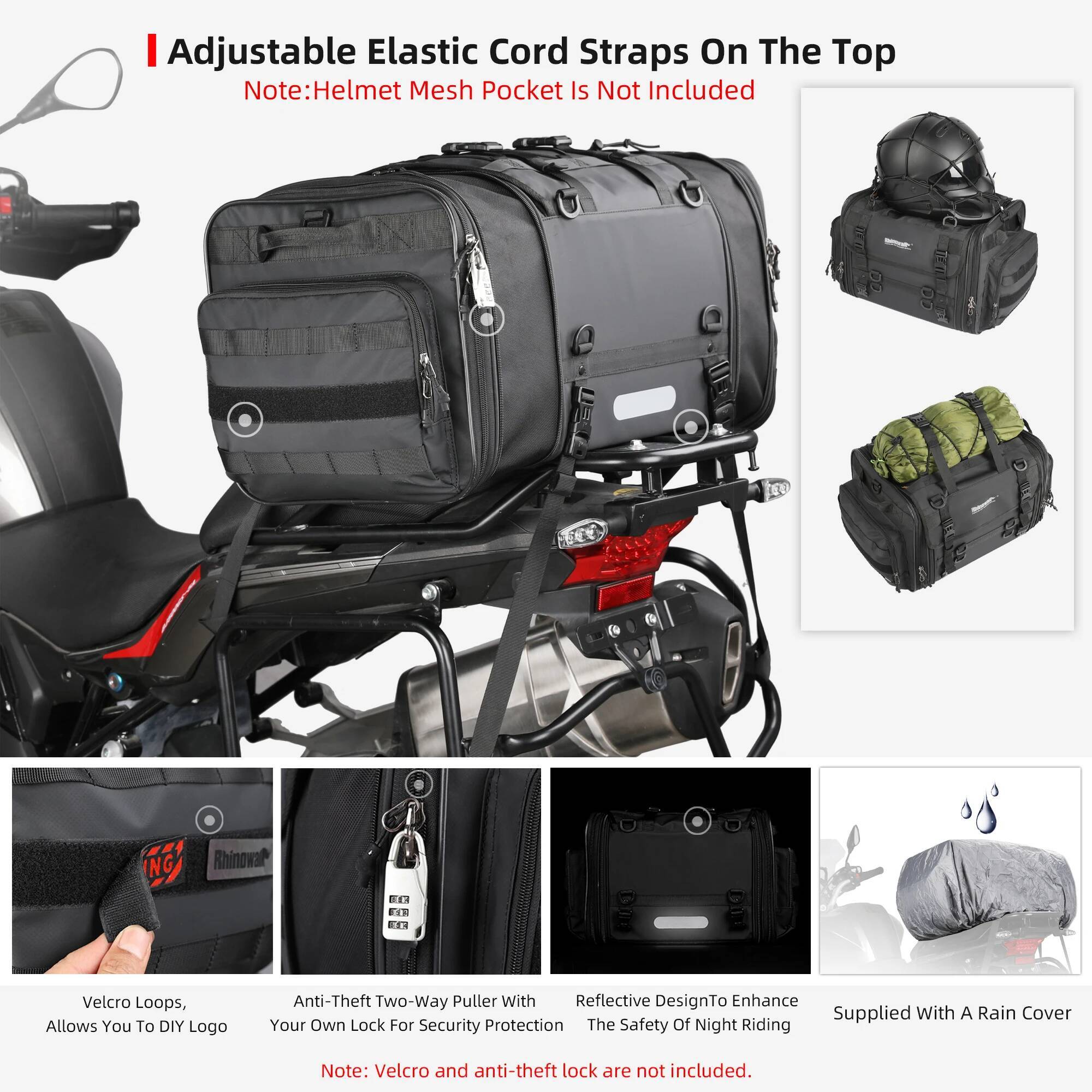 Rhinowalk Motorcycle Rear Seat Travel Lage Waterproof 19L-80L Expandable Motor Tail/Trunk/Rack Bag For Most motorcycle