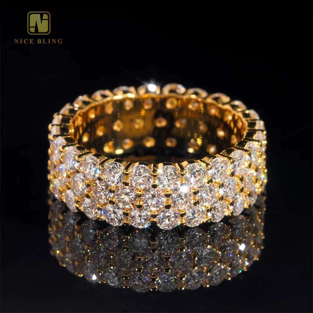 GRA Certificate 925 Sterling Silver Gold Plated Hip Hop Jewelry New Style 3row Stone VVS Diamond Moissanite Hip Hop Ring