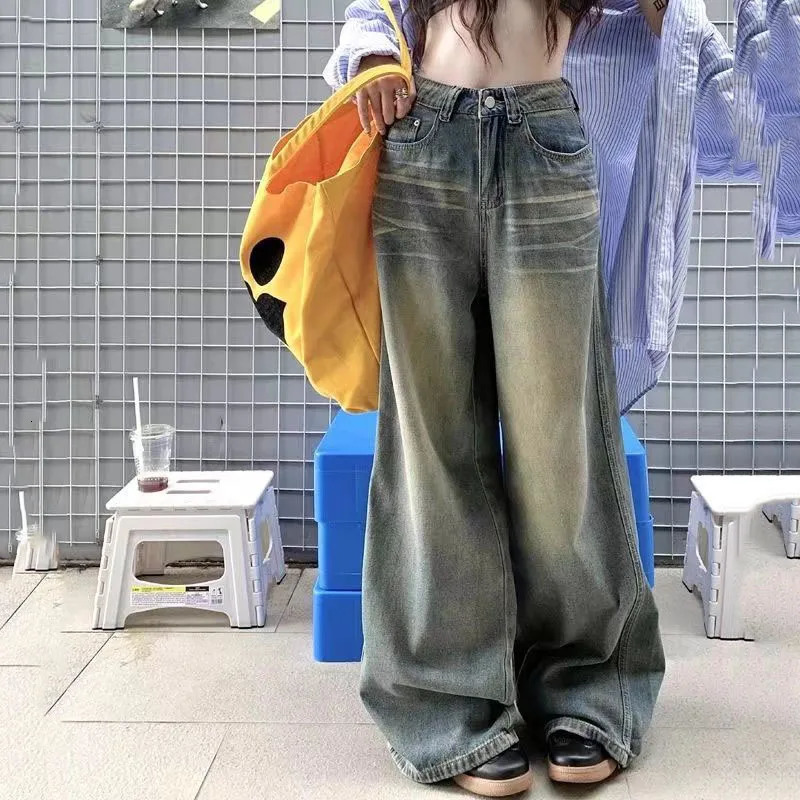 Spring Summer Vintage Chicly Button Jeans Women American Simple Baggy High Waisted Denim Pants Washed Y2K Wide Leg Jean Trousers 250527