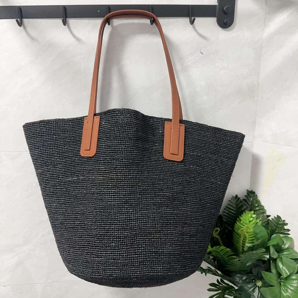 Straw Beach Tote French Style Simple Genuine Leather Shoulder Strap Raffia Woven For Women Beach Vacation Large Capacity Tote Bag Crossbody Bag