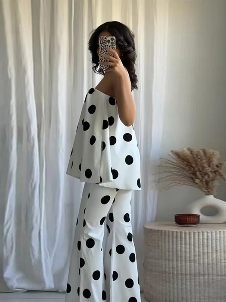 Fashion Polka Dot Womens Two Piece Suit Strapless Sleeveless Draped Top Loose Flared Long Pants Summer Lady Causal Outfits 250527