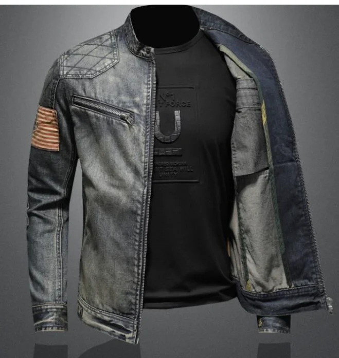Denim Jacket Men Distressed Lapel Vintage Outwear Personalized slim fit Stand Up Collar Zipper Cowboy Cycling Motor 250530