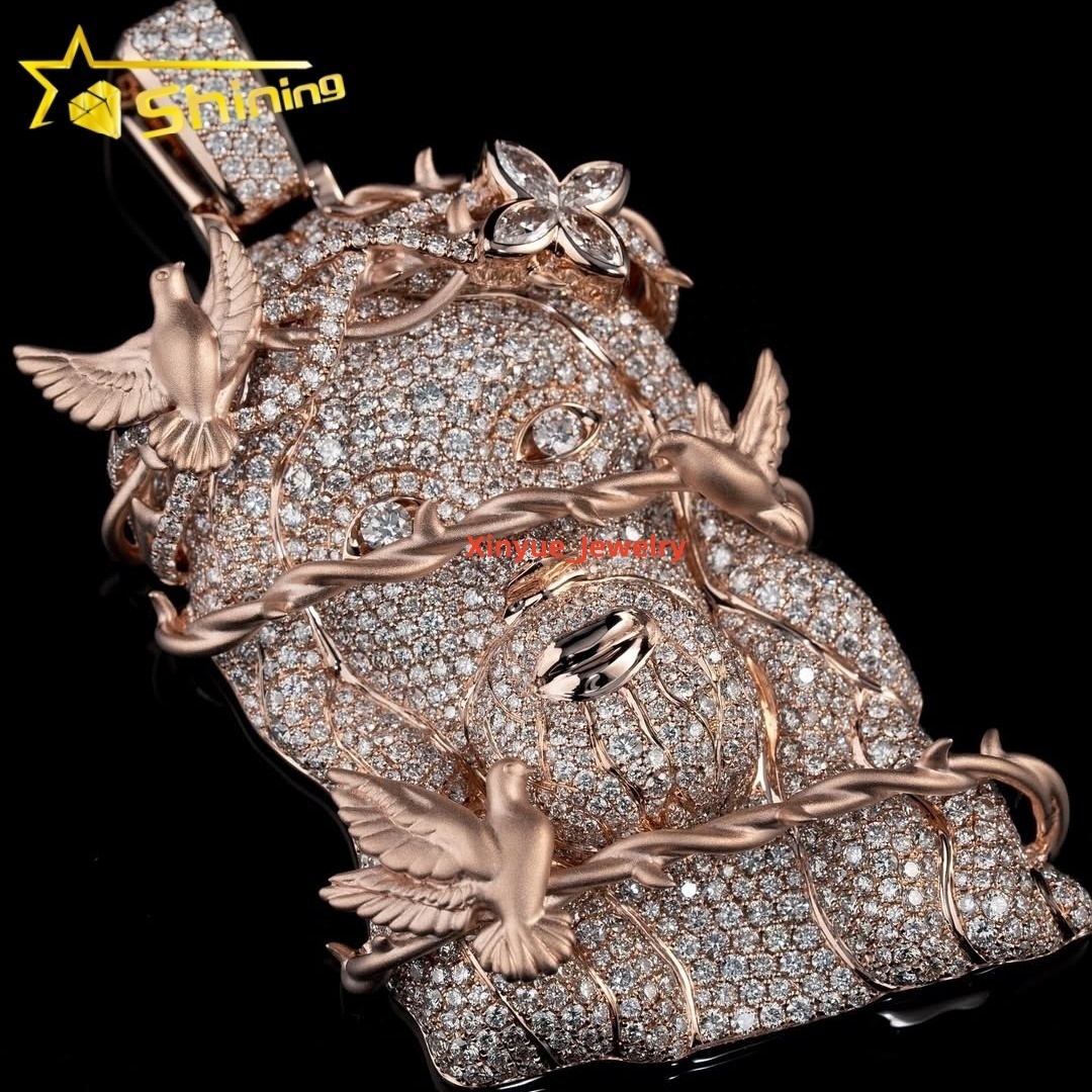 3 Tall Fully Iced Out VVS Moissanite Diamond Rose Gold Plated Jesus Pendant With Thorn Birds