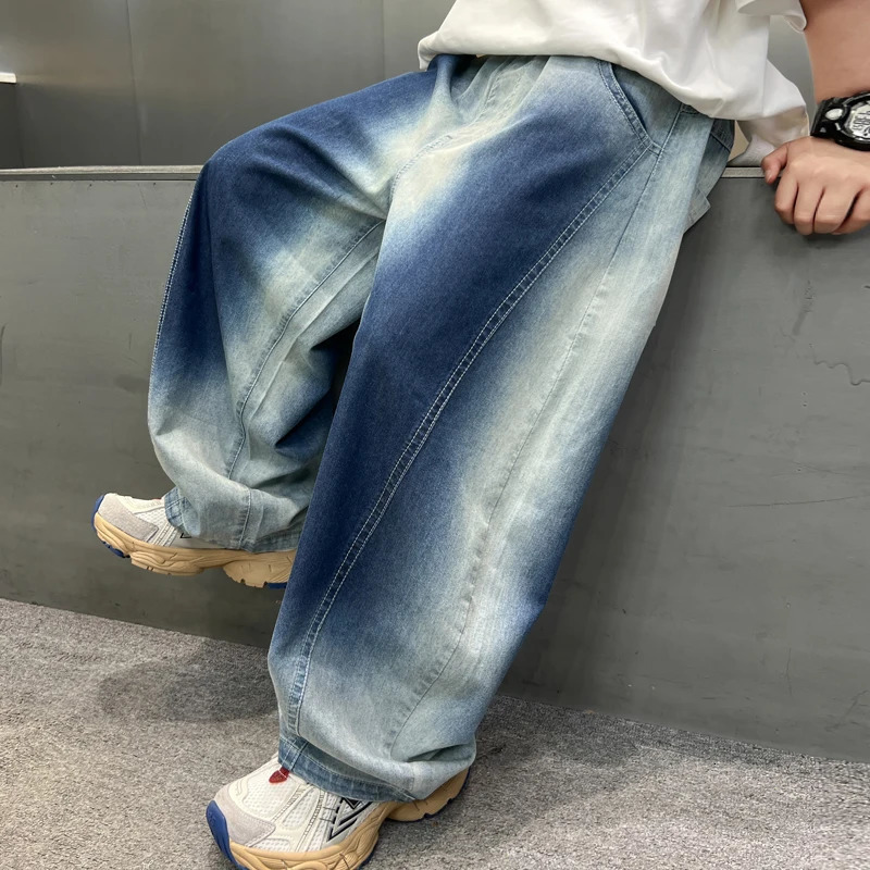 Children Stylish Summer Jeans for Tweens Boy Fashion Loose Fit Denim Pants Kids Teenager Gradient Blue Baggy Jeans Trousers 250527