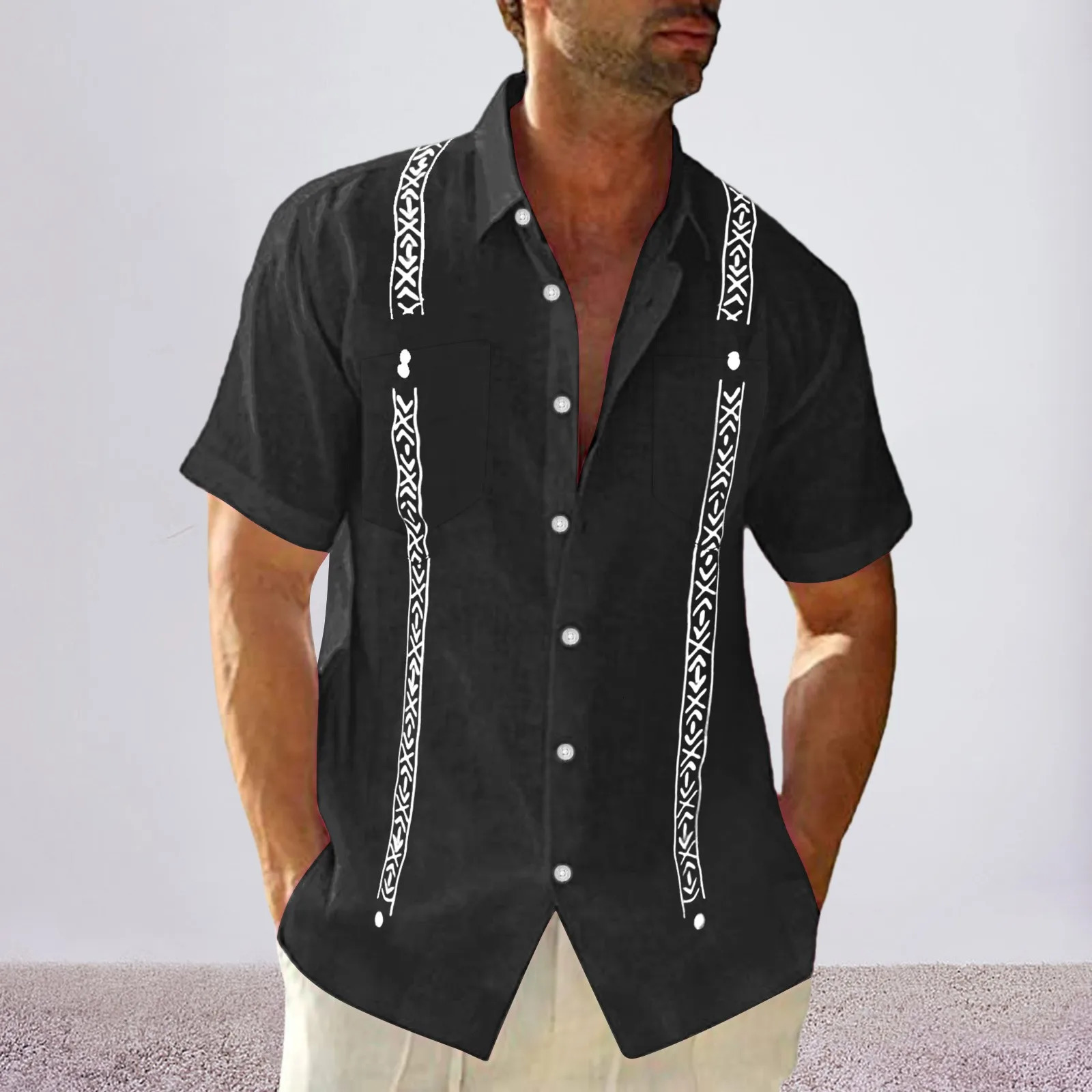 Short Sleeve Mens Guayabera Cuban Shirt Top Button Up Beach Linen Shirt Top Pocket Casual Caribbean Shirt Summer Mexican Blouse 250530