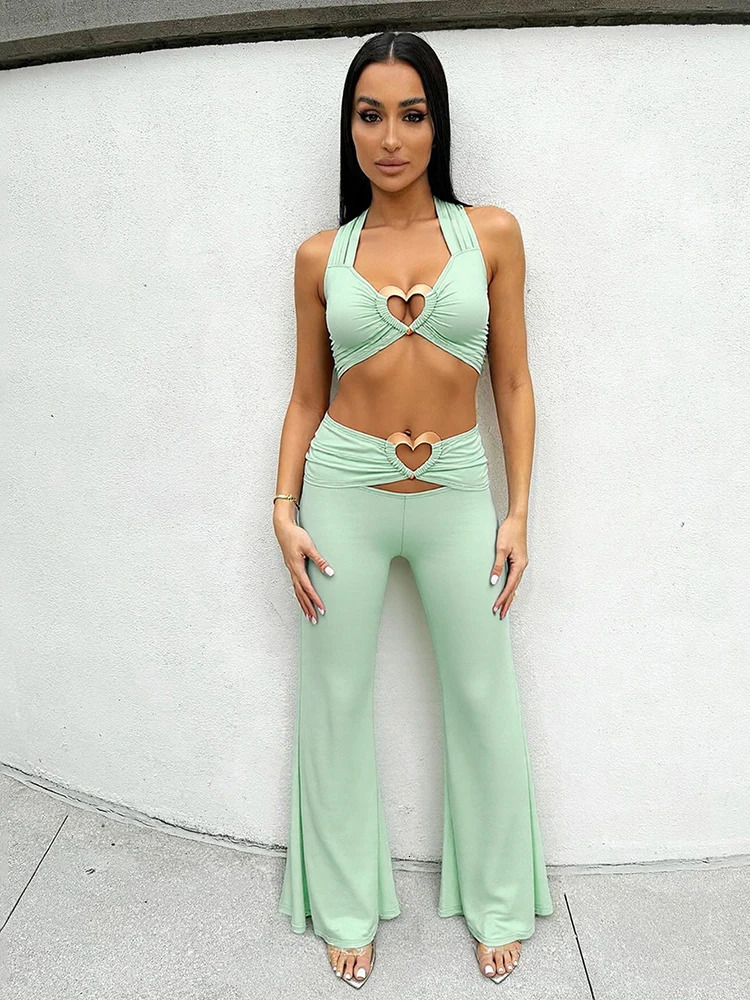 kliou Heart Splice Ruched Women 2Piece Set Casual Solid Halter Shirring Crop TanksCut Out High Waist Pants Mujer Street Outfits 250527