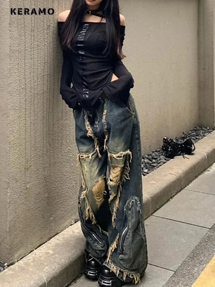 Winter Punk Sexy Vintage Ripped Harajuku Loose Jeans Y2K Hollow Out Trashy Pants Womens BaggyTassels Denim Trouser 250527