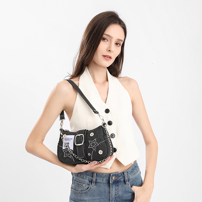 designer Star Denim Underarm Bag New Fashion Trend Niche Design Crescent Bag Canvas Tote Chain Bag Denim