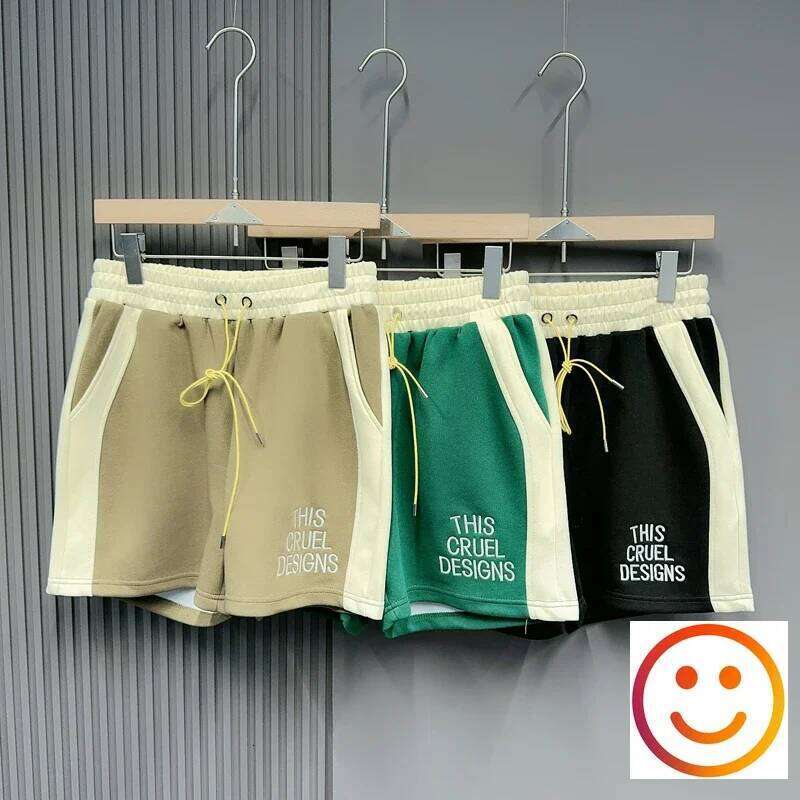 Splicing Color Metal Hole Drawsring Yellow Shorts Green Khaki Black Shortpants For Men Women