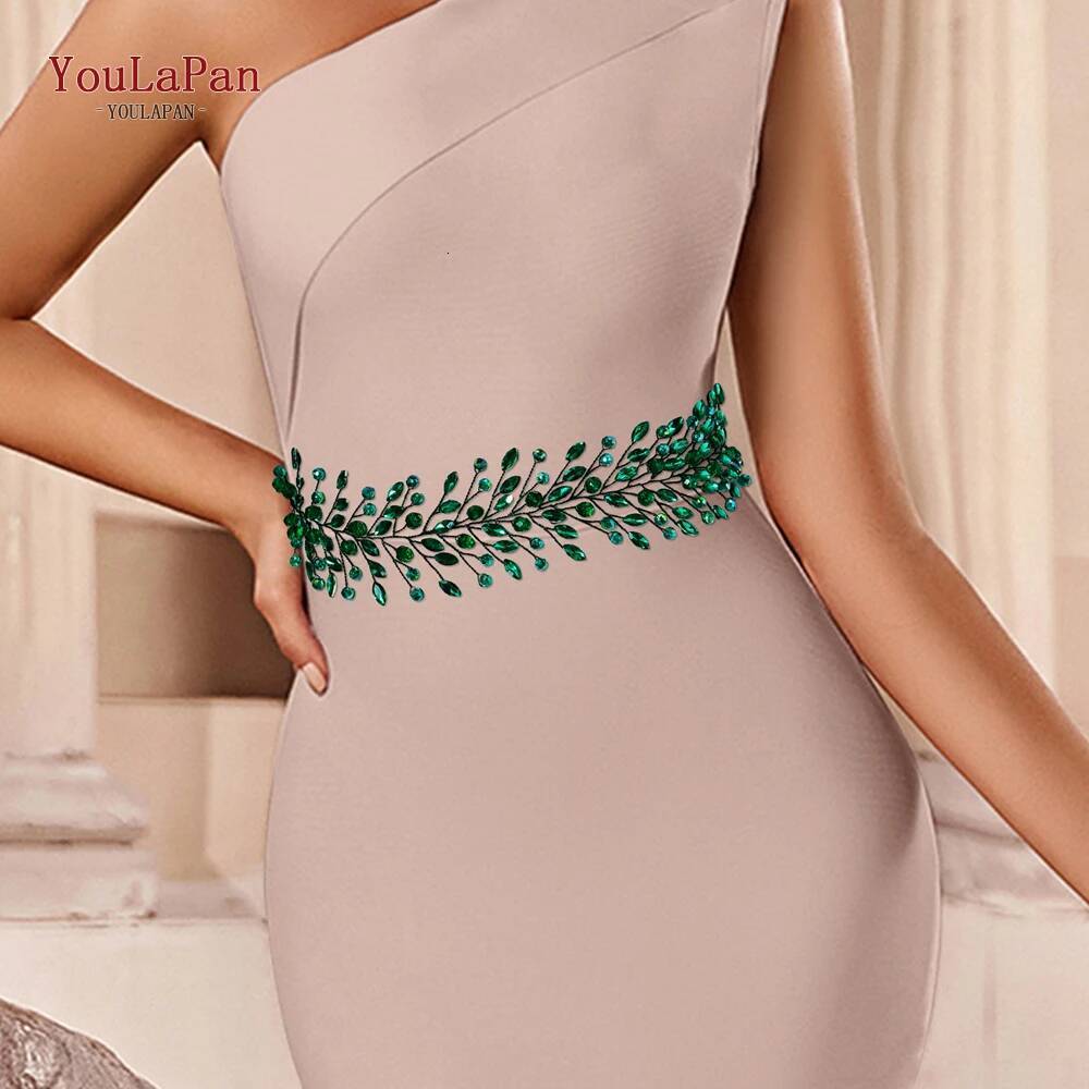 YouLaPan Elegant Bridal Evening Gown Accessories Bridesmaid Belt Green Rhinestone Wedding Dress Waist Decoration SH799
