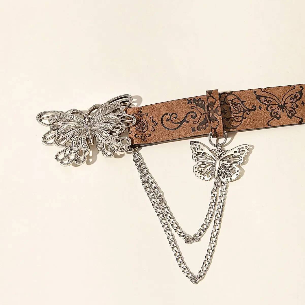 New Fashion Retro Butterfly Buckle PU Wide Bohemian Brown Emed Western Jeans Pants y2k Belt Dress