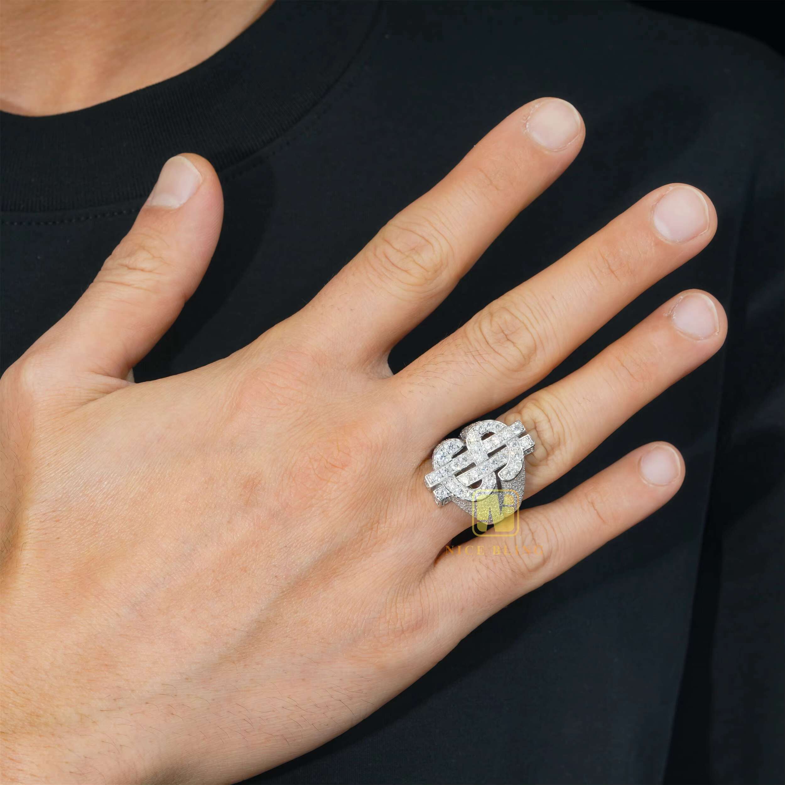 Rhodium Plated 925 Sterling Silver Jewelry Iced Out Dollar Rings Hip Round Brilliant Moissanite Rings for Men and Women