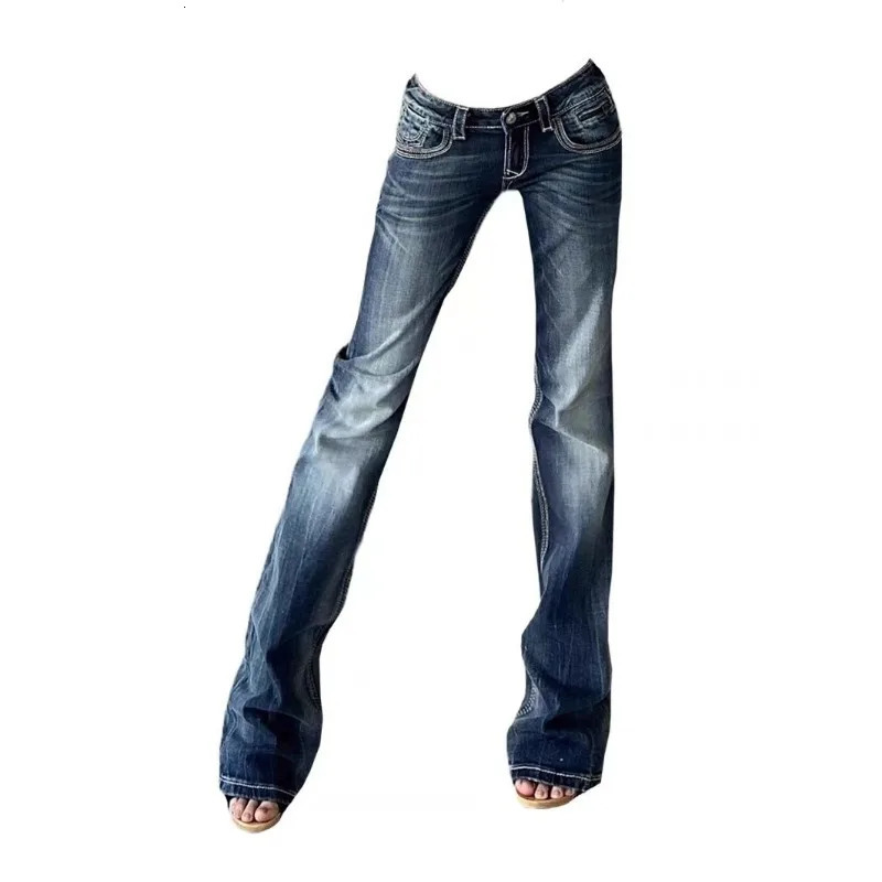 Blue Low Rise Flare Jeans Vintage 2000s Slim-fitting Denim Pants Korean Style Women Trousers y 2 k Distressed Mom 90s 250527