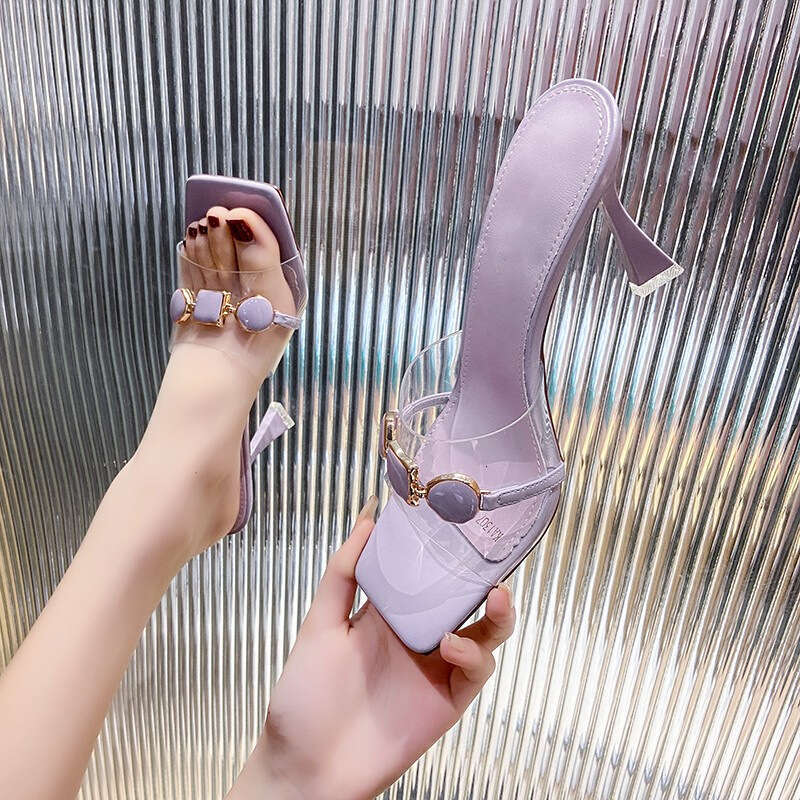 Purple Transparent Sandals 2025 Summer New Trendy One-Strap Women's Super Popular High Heel Square Toe Stiletto Half Slippers for Outdoor Wear