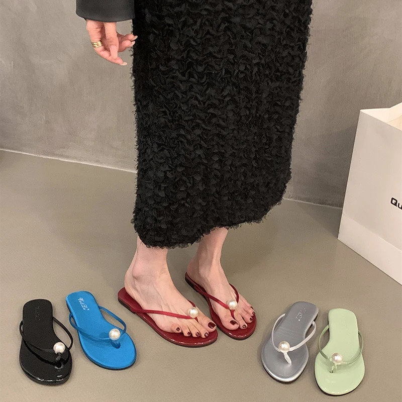 Summer Outdoor Flip Flop Fashion Womens Pearl Clip Toe Flats Slippers Comfort Slides Casual Street Style Shoes 250528