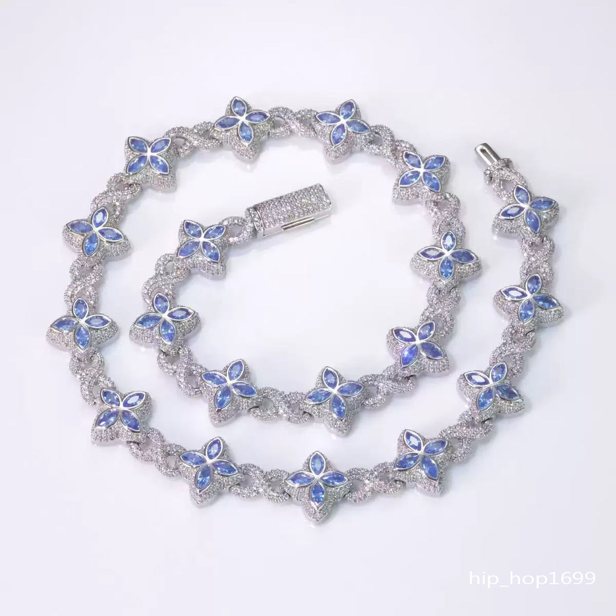 Fashion Hip Hop Jewelry Gold Plated 925 Sterling Silver Colored Moissanite Diamond Four Leaf Clover Necklace Cuban Link Chain