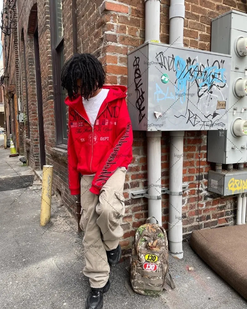 American Hip Hop Goth Punk Oversized Zipper Hoodie Men Y2K Casual Fashion High Street Trendy Streetwear Sweatshirt Women 250526