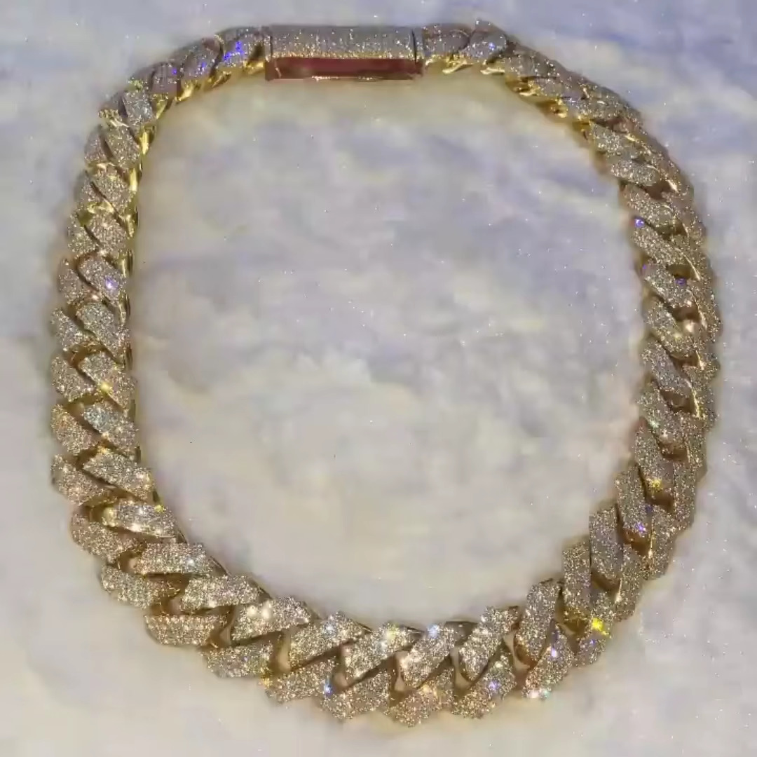 Hip Hop VVS D Colour S925 Silver Moissanite 14mm Necklace for Men Three Rows Full Diamonds Hip Hop Rhombus Cuban Chain